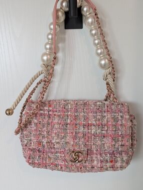 Chanel Pink Tweed Shoulder Bag with Pearl Chain